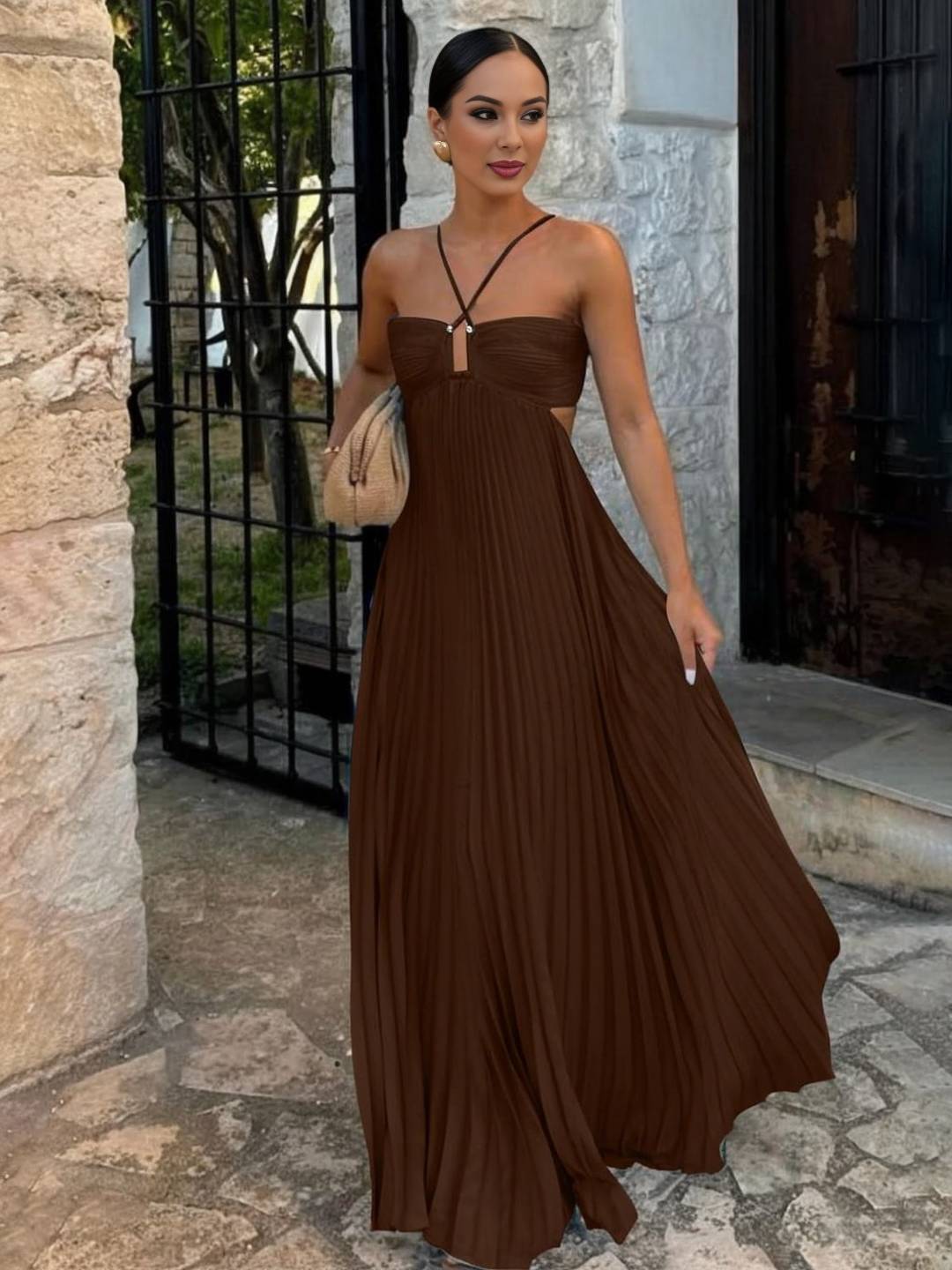 Cocolii robe longue bustier plissé licou découpes croisé dos sans manches femme casual décontracté de plage