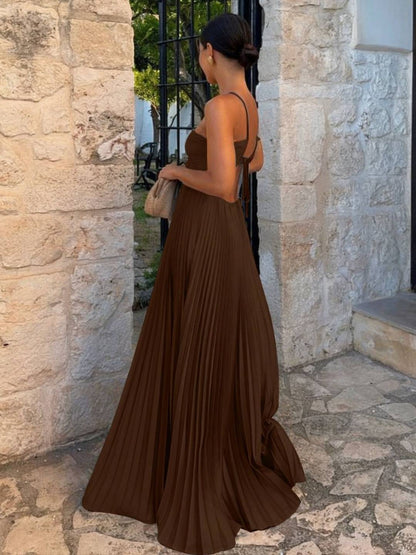 Cocolii robe longue bustier plissé licou découpes croisé dos sans manches femme casual décontracté de plage