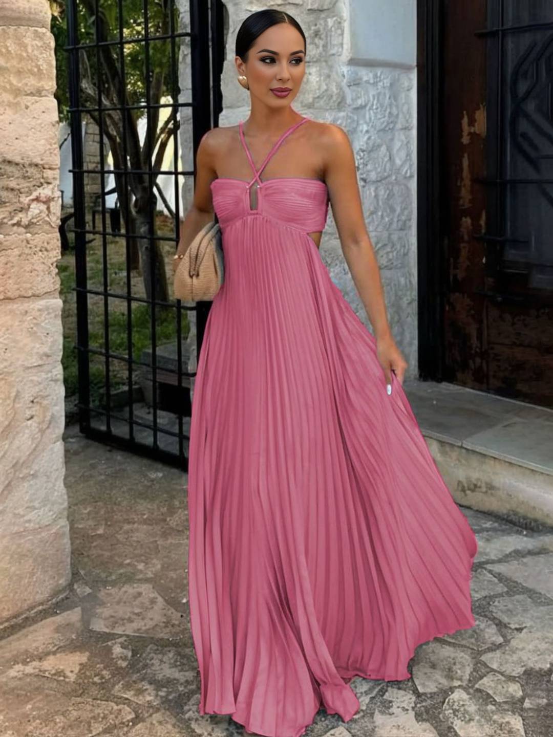 Cocolii robe longue bustier plissé licou découpes croisé dos sans manches femme casual décontracté de plage