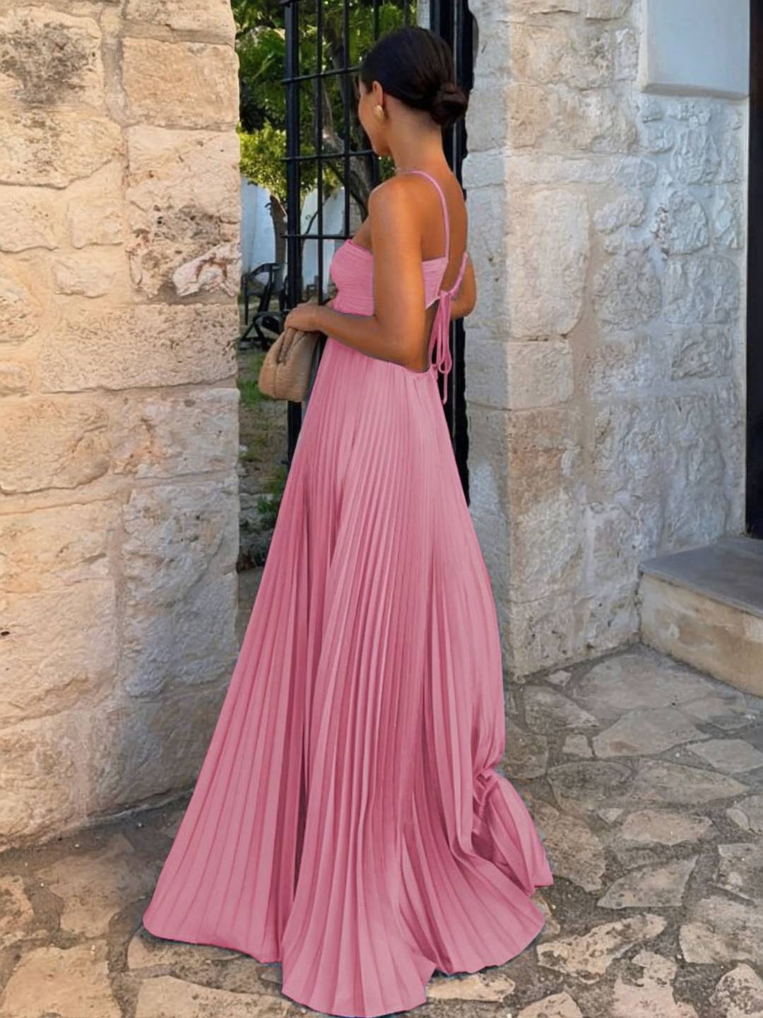 Cocolii robe longue bustier plissé licou découpes croisé dos sans manches femme casual décontracté de plage