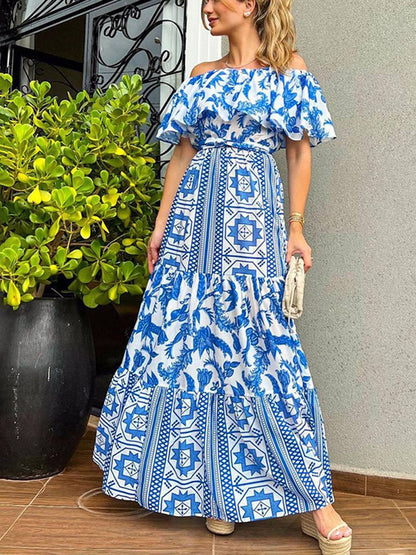 Cocolii robe longue col bateau mprimé géométrique à volantée femme casual doux bohème de plage