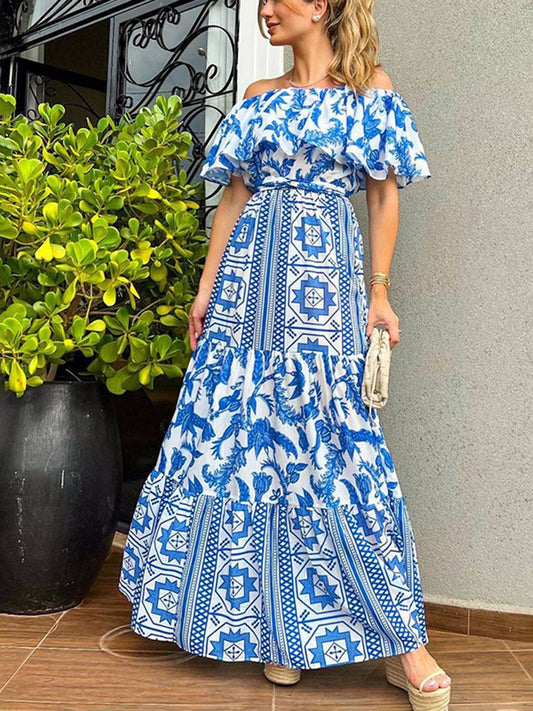 Cocolii robe longue col bateau mprimé géométrique à volantée femme casual doux bohème de plage