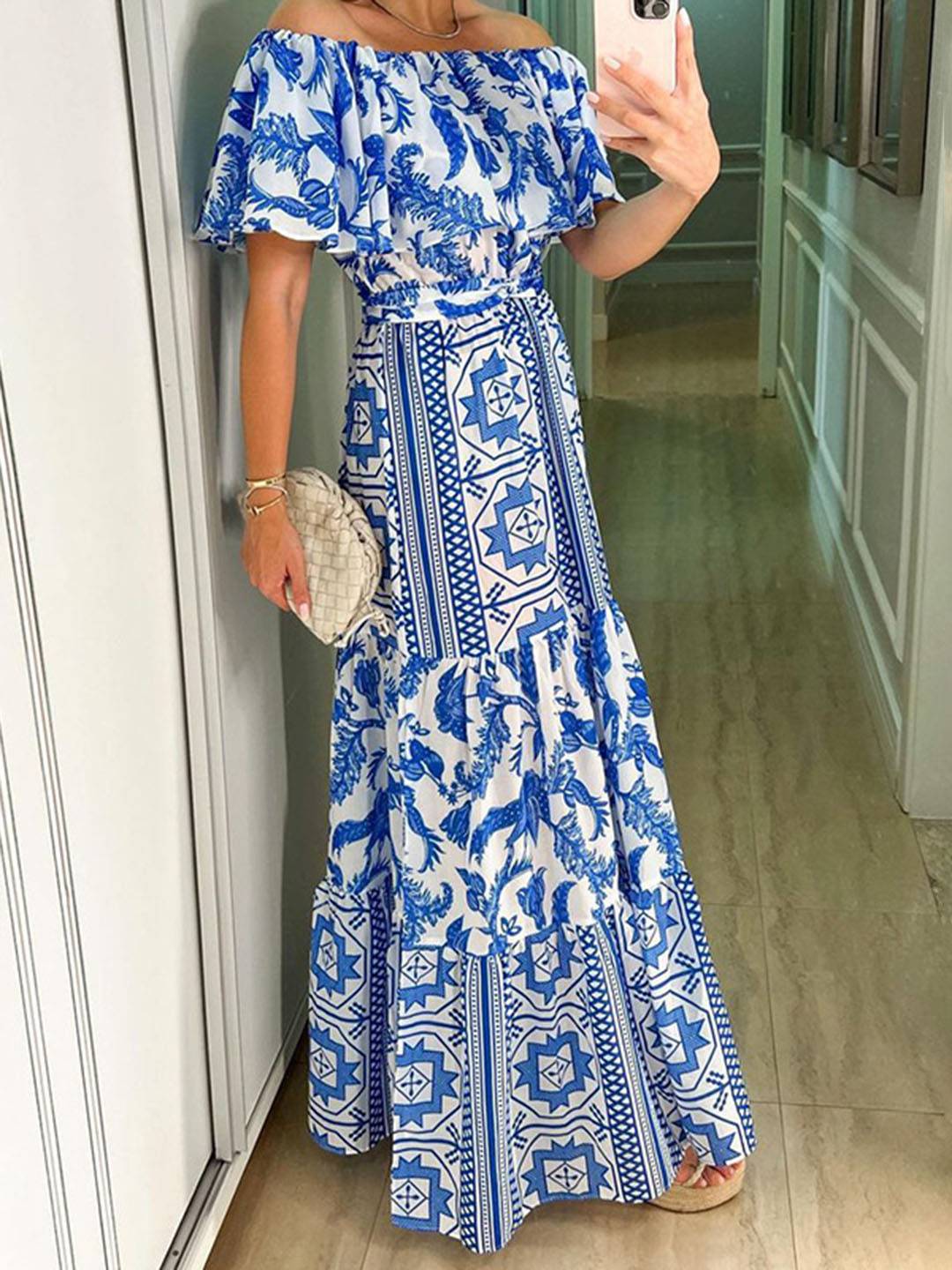 Cocolii robe longue col bateau mprimé géométrique à volantée femme casual doux bohème de plage