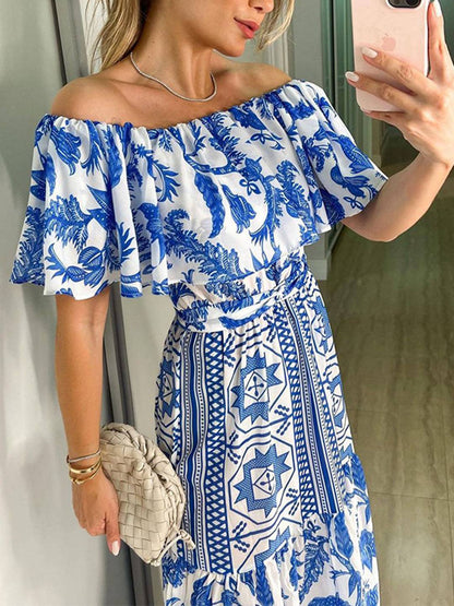 Cocolii robe longue col bateau mprimé géométrique à volantée femme casual doux bohème de plage