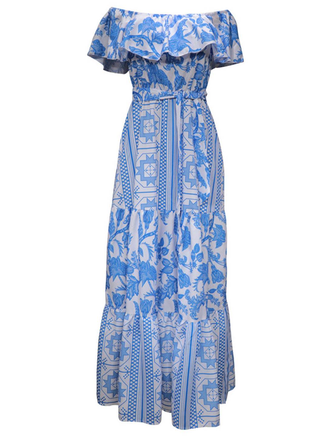 Cocolii robe longue col bateau mprimé géométrique à volantée femme casual doux bohème de plage