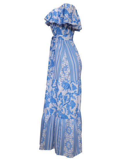 Cocolii robe longue col bateau mprimé géométrique à volantée femme casual doux bohème de plage