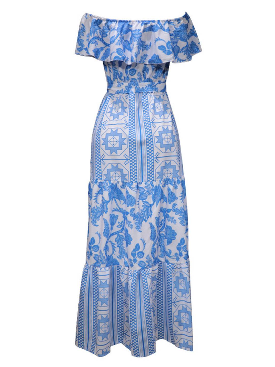 Cocolii robe longue col bateau mprimé géométrique à volantée femme casual doux bohème de plage