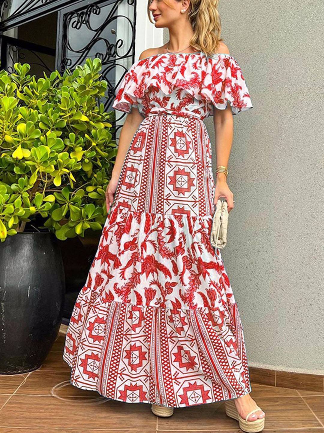 Cocolii robe longue col bateau mprimé géométrique à volantée femme casual doux bohème de plage