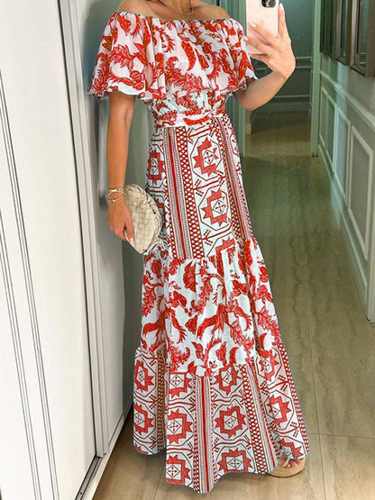 Cocolii robe longue col bateau mprimé géométrique à volantée femme casual doux bohème de plage