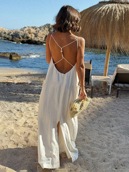 Cocolii robe longue cross dos nu fendu strappy à fines brides v-cou sans manches femme bohème lâche décontracté de plage