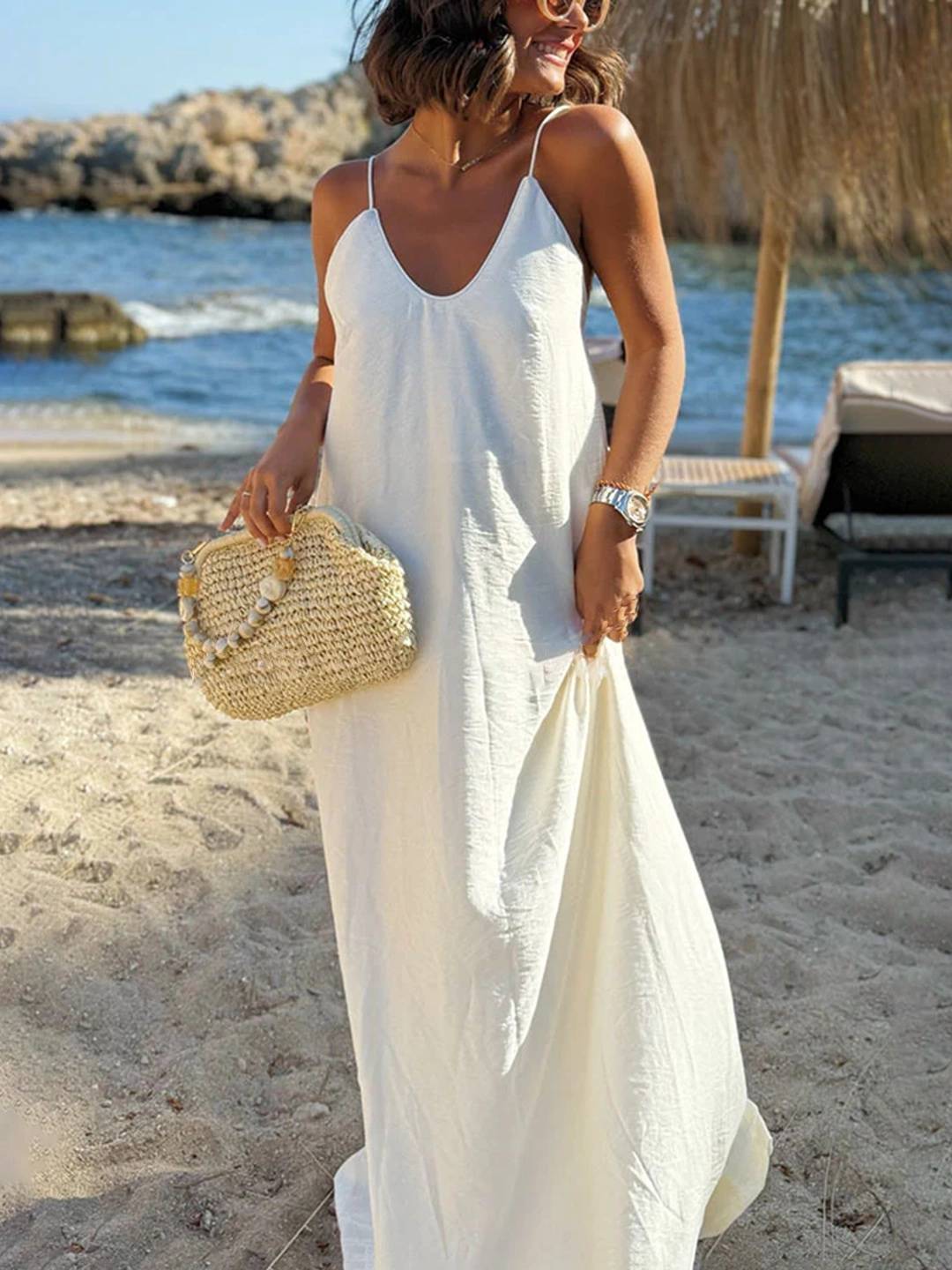 Cocolii robe longue cross dos nu fendu strappy à fines brides v-cou sans manches femme bohème lâche décontracté de plage