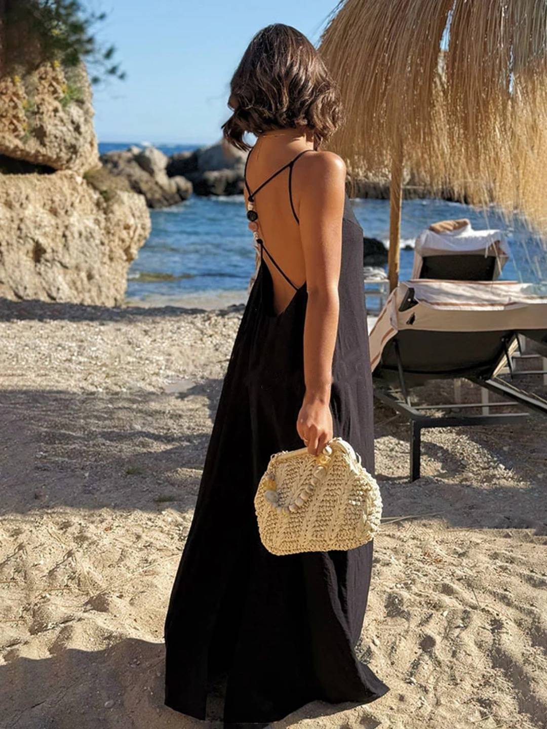 Cocolii robe longue cross dos nu fendu strappy à fines brides v-cou sans manches femme bohème lâche décontracté de plage