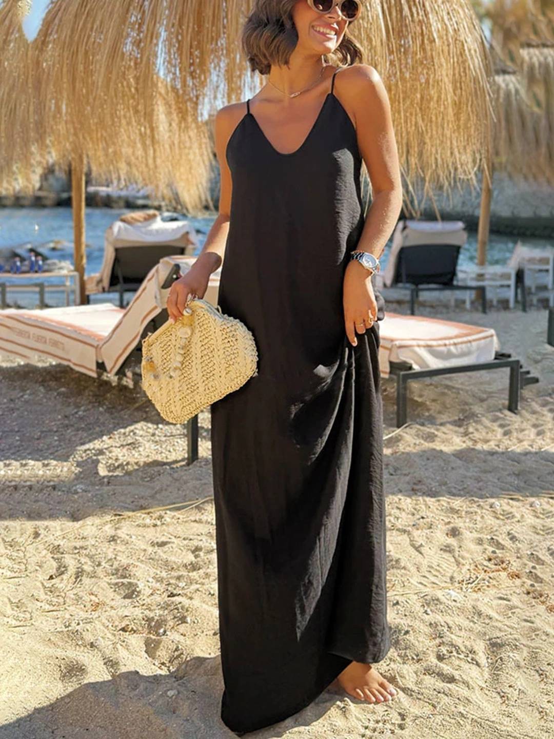 Cocolii robe longue cross dos nu fendu strappy à fines brides v-cou sans manches femme bohème lâche décontracté de plage