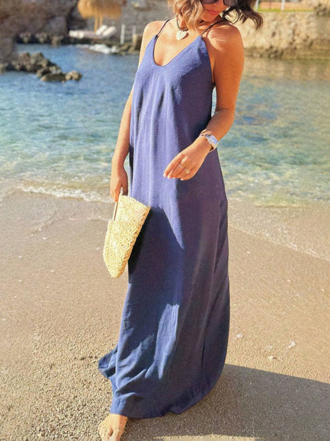 Cocolii robe longue cross dos nu fendu strappy à fines brides v-cou sans manches femme bohème lâche décontracté de plage