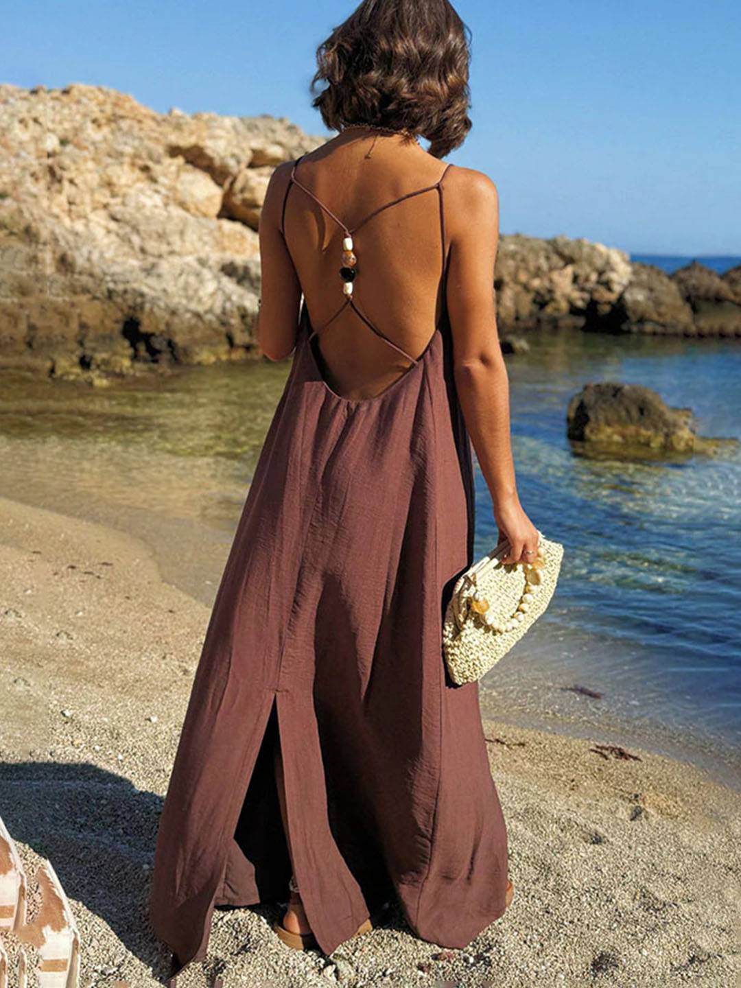 Cocolii robe longue cross dos nu fendu strappy à fines brides v-cou sans manches femme bohème lâche décontracté de plage