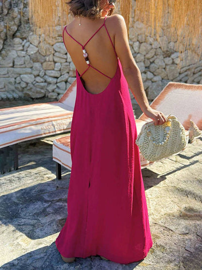 Cocolii robe longue cross dos nu fendu strappy à fines brides v-cou sans manches femme bohème lâche décontracté de plage
