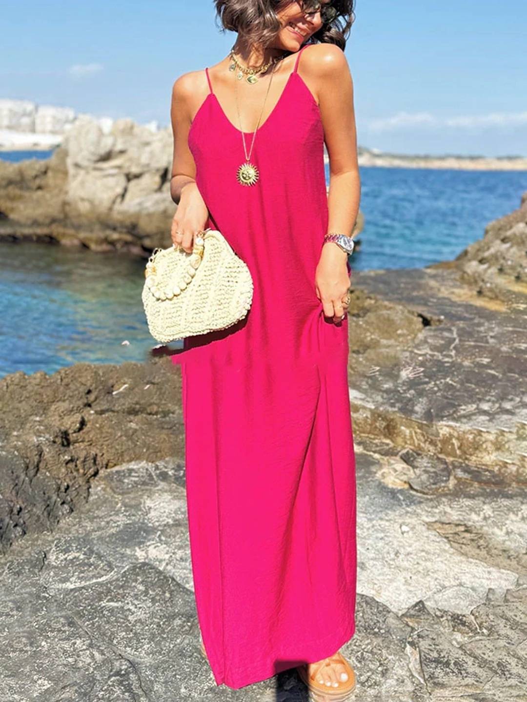 Cocolii robe longue cross dos nu fendu strappy à fines brides v-cou sans manches femme bohème lâche décontracté de plage