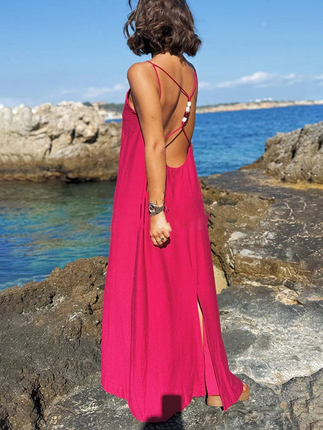 Cocolii robe longue cross dos nu fendu strappy à fines brides v-cou sans manches femme bohème lâche décontracté de plage