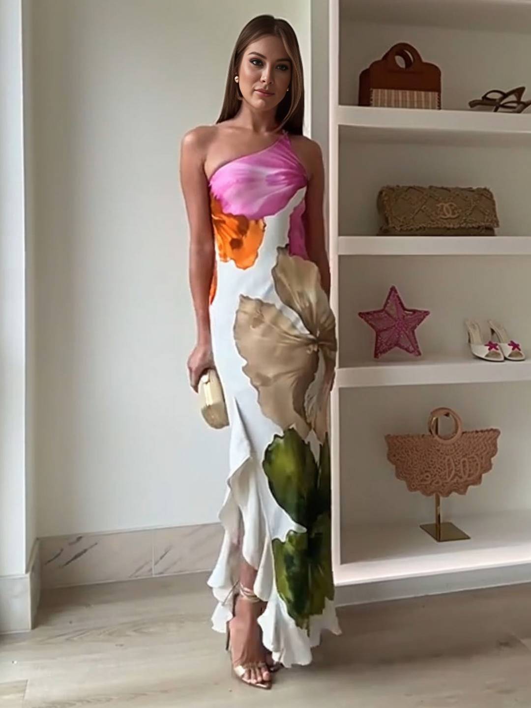 Cocolii robe longue une épaule imprimé à fleurie fendu le côté irrégulière à volantée sans manches élégant de soirée cérémonie