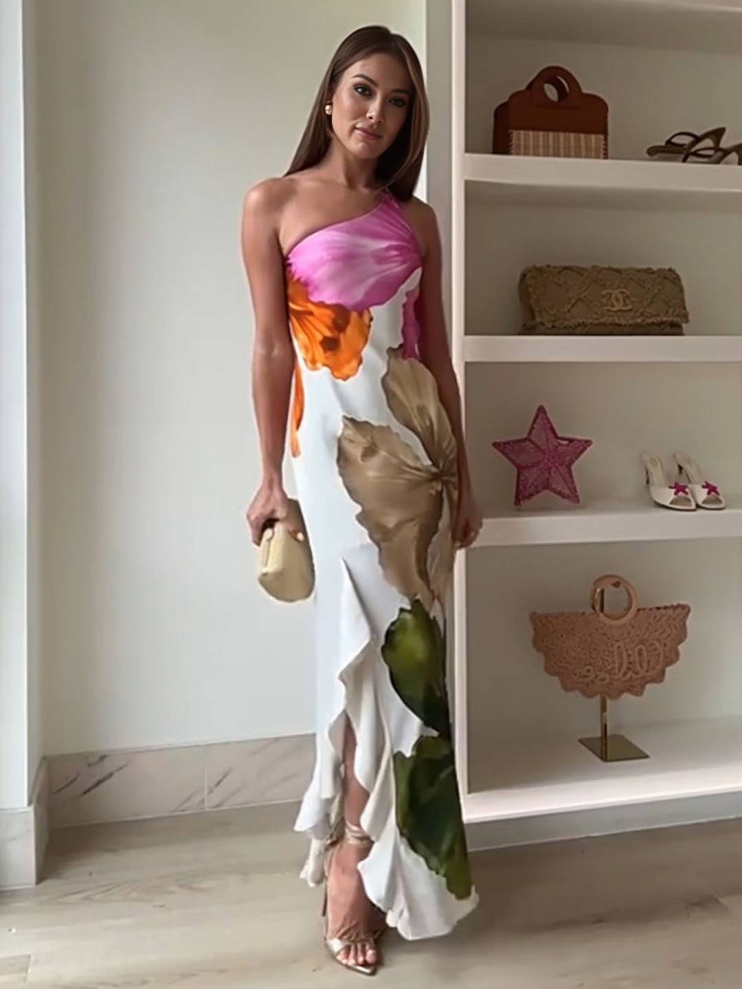 Cocolii robe longue une épaule imprimé à fleurie fendu le côté irrégulière à volantée sans manches élégant de soirée cérémonie