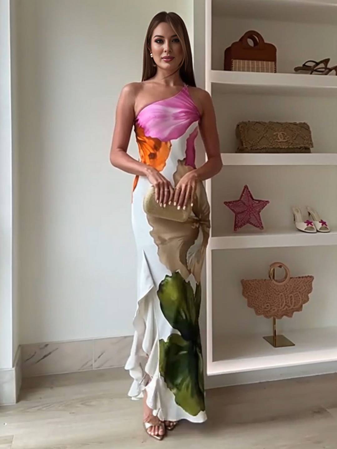 Cocolii robe longue une épaule imprimé à fleurie fendu le côté irrégulière à volantée sans manches élégant de soirée cérémonie