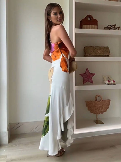 Cocolii robe longue une épaule imprimé à fleurie fendu le côté irrégulière à volantée sans manches élégant de soirée cérémonie