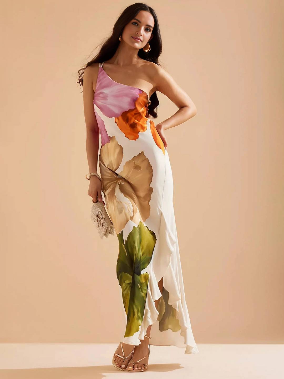 Cocolii robe longue une épaule imprimé à fleurie fendu le côté irrégulière à volantée sans manches élégant de soirée cérémonie