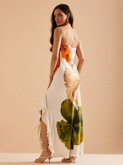 Cocolii robe longue une épaule imprimé à fleurie fendu le côté irrégulière à volantée sans manches élégant de soirée cérémonie