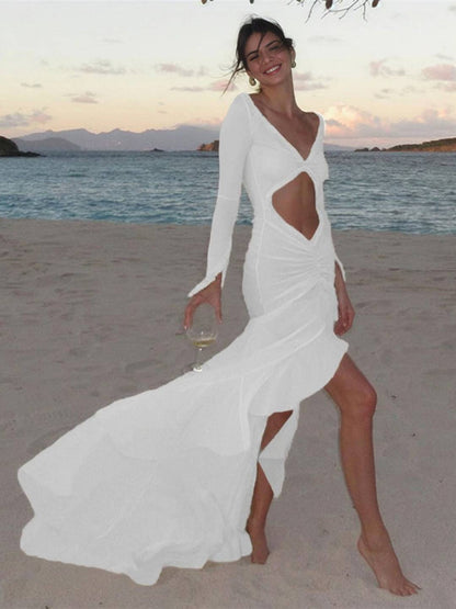 Cocolii longue robe de plage moulante v-cou découpes fendu à volantée manches fendues manches longues boho décontracté