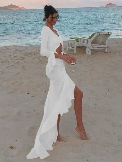 Cocolii longue robe de plage moulante v-cou découpes fendu à volantée manches fendues manches longues boho décontracté