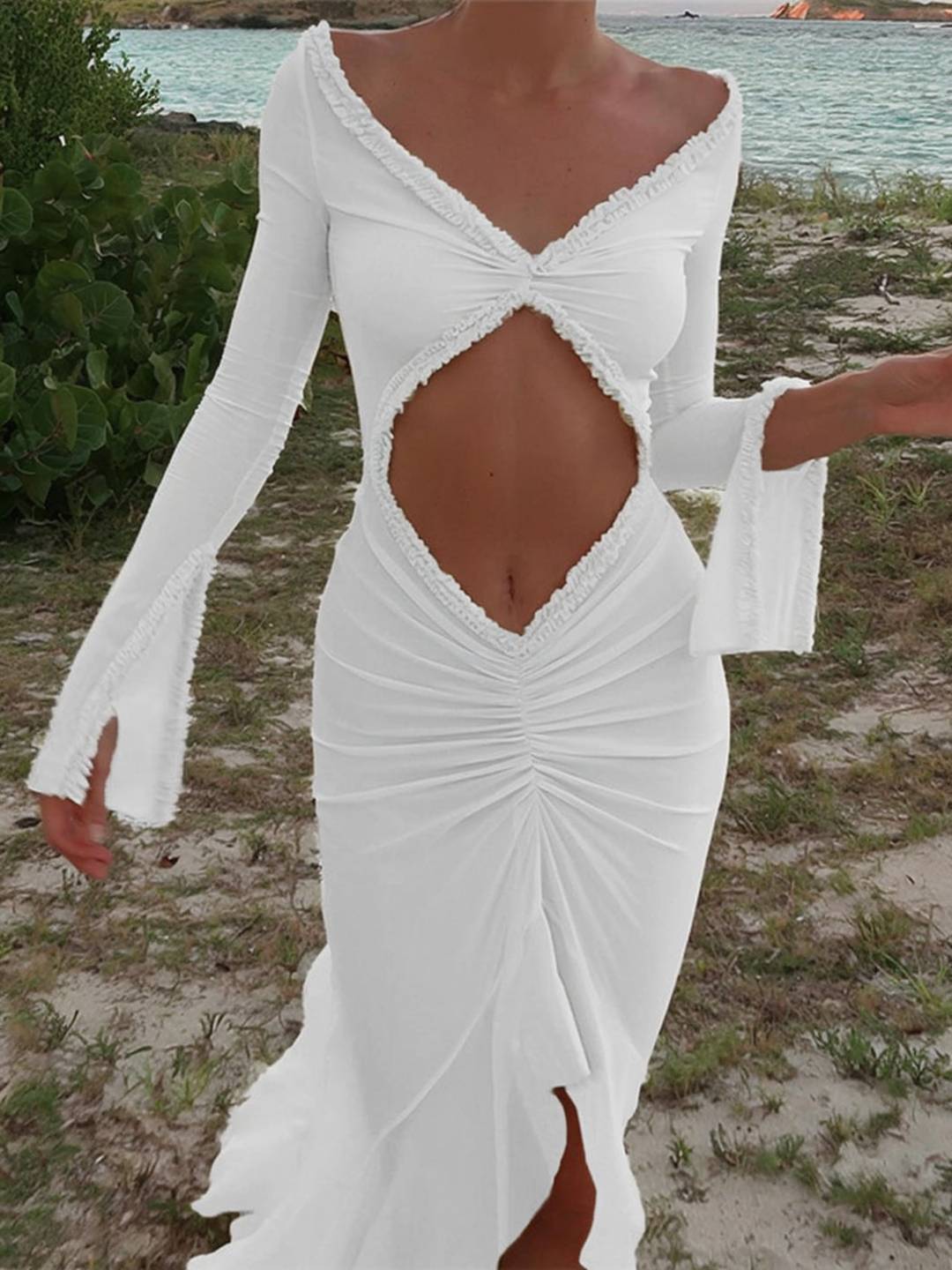 Cocolii longue robe de plage moulante v-cou découpes fendu à volantée manches fendues manches longues boho décontracté