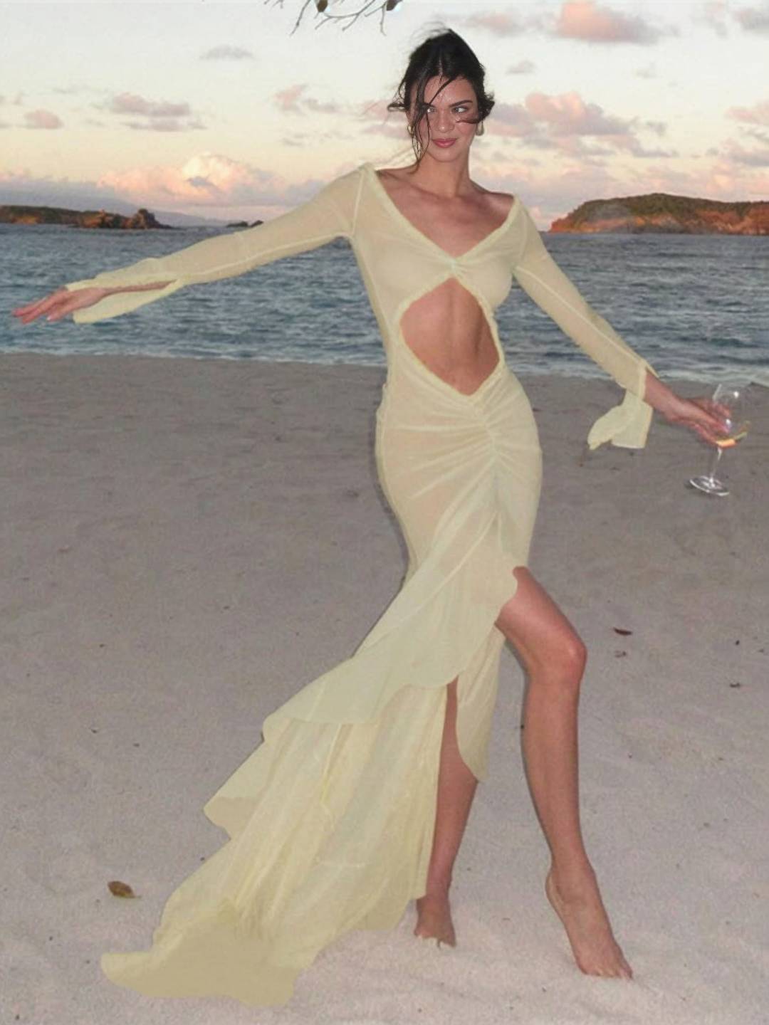 Cocolii longue robe de plage moulante v-cou découpes fendu à volantée manches fendues manches longues boho décontracté