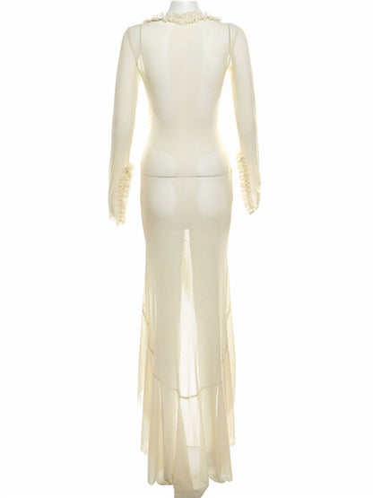 Cocolii longue robe de plage moulante v-cou découpes fendu à volantée manches fendues manches longues boho décontracté