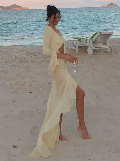 Cocolii longue robe de plage moulante v-cou découpes fendu à volantée manches fendues manches longues boho décontracté