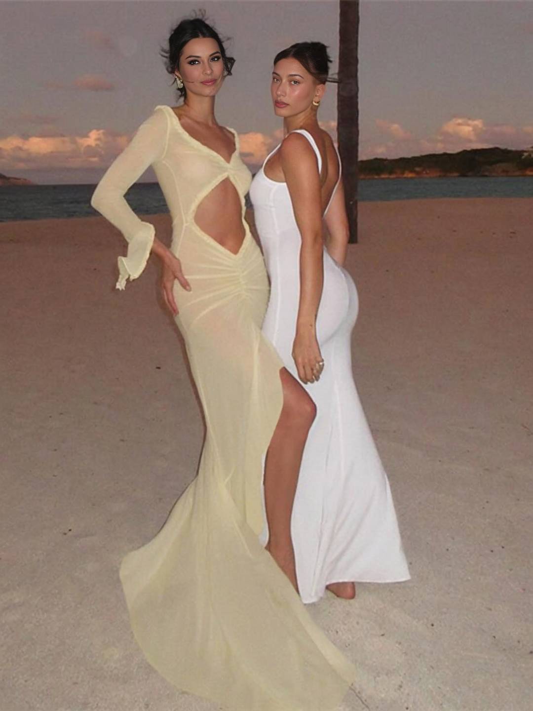 Cocolii longue robe de plage moulante v-cou découpes fendu à volantée manches fendues manches longues boho décontracté