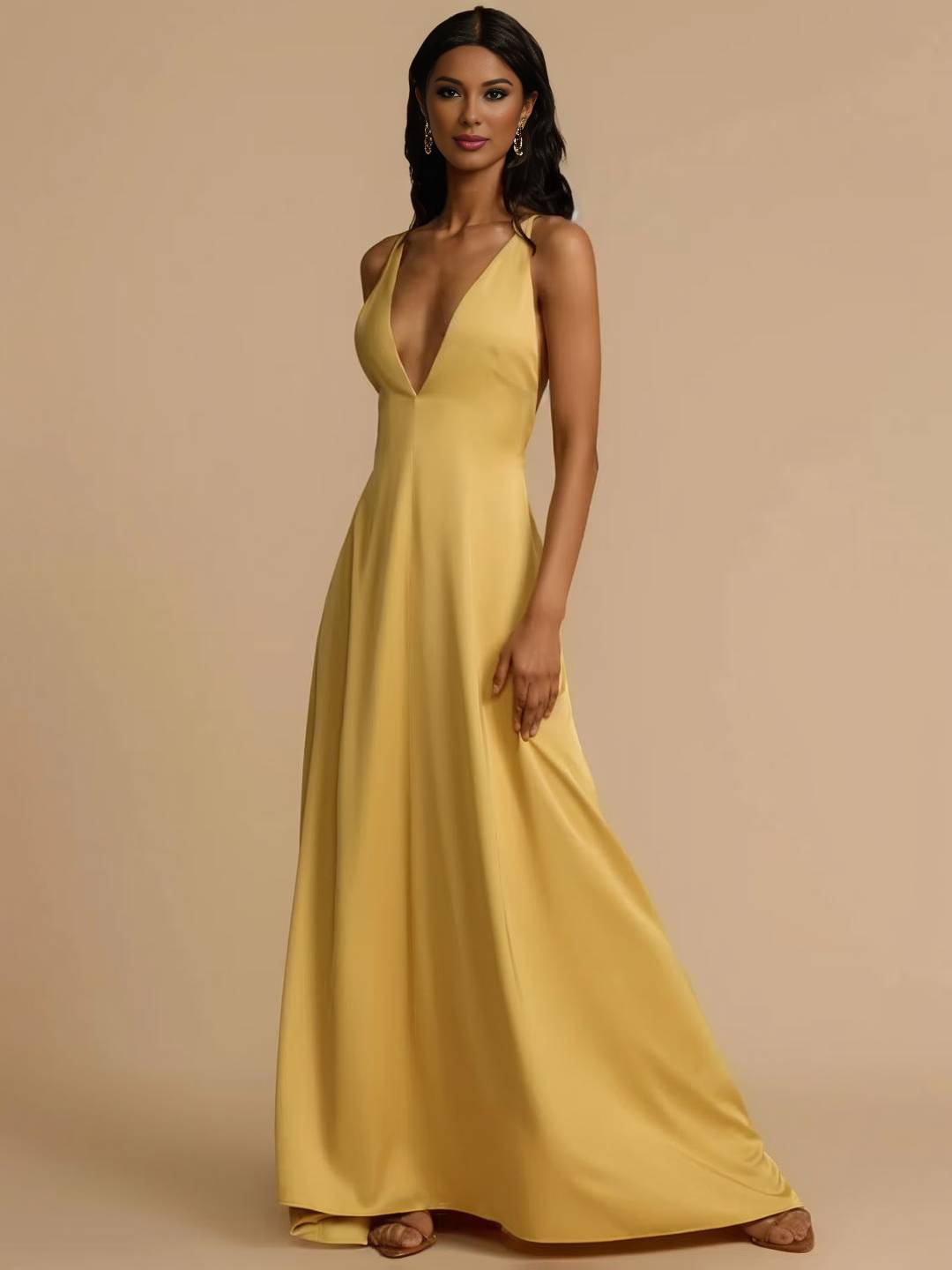 Cocolii robe longue en satin croisé décolleté plongeant dos dos nu sans manches femme élégant de soirée bal de promo cérémonie