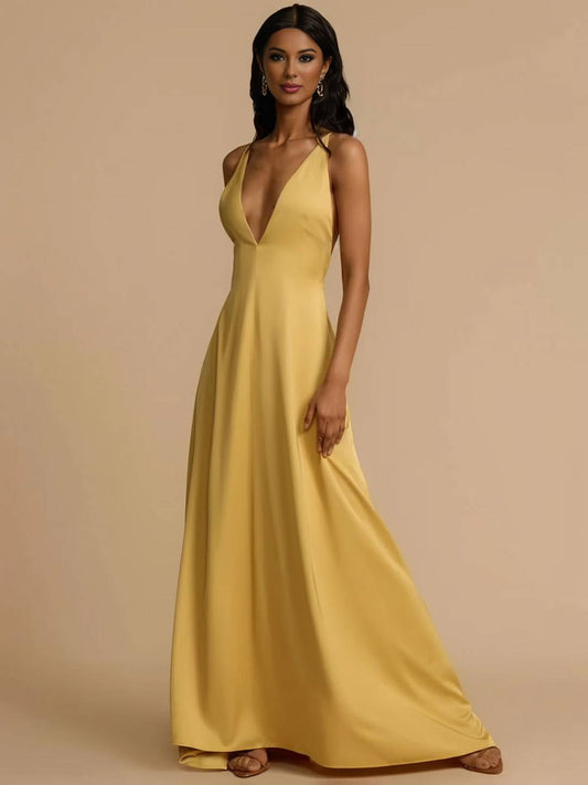 Cocolii robe longue en satin croisé décolleté plongeant dos dos nu sans manches femme élégant de soirée bal de promo cérémonie