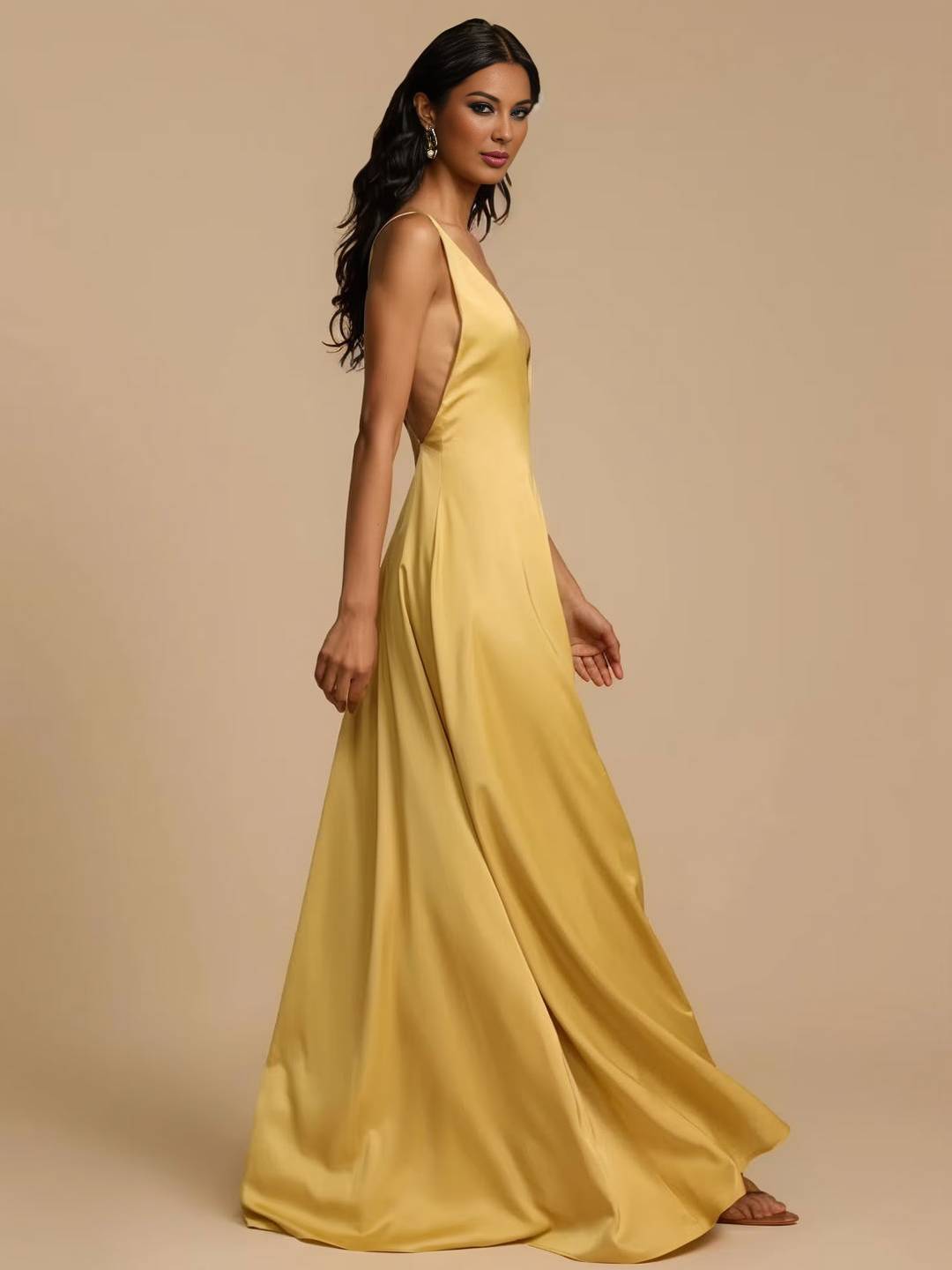 Cocolii robe longue en satin croisé décolleté plongeant dos dos nu sans manches femme élégant de soirée bal de promo cérémonie