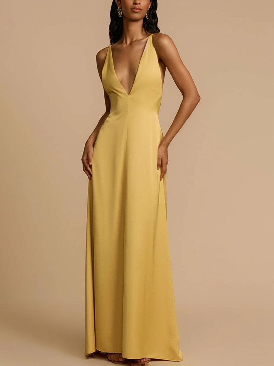 Cocolii robe longue en satin croisé décolleté plongeant dos dos nu sans manches femme élégant de soirée bal de promo cérémonie