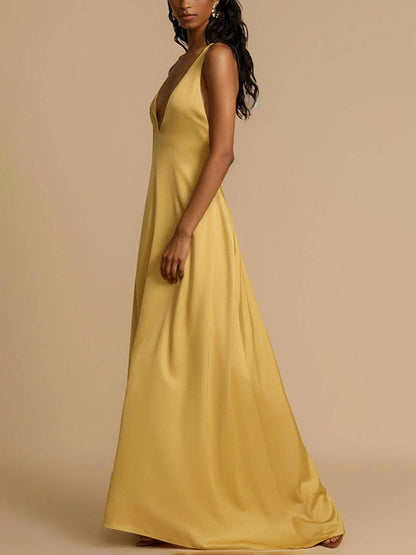 Cocolii robe longue en satin croisé décolleté plongeant dos dos nu sans manches femme élégant de soirée bal de promo cérémonie