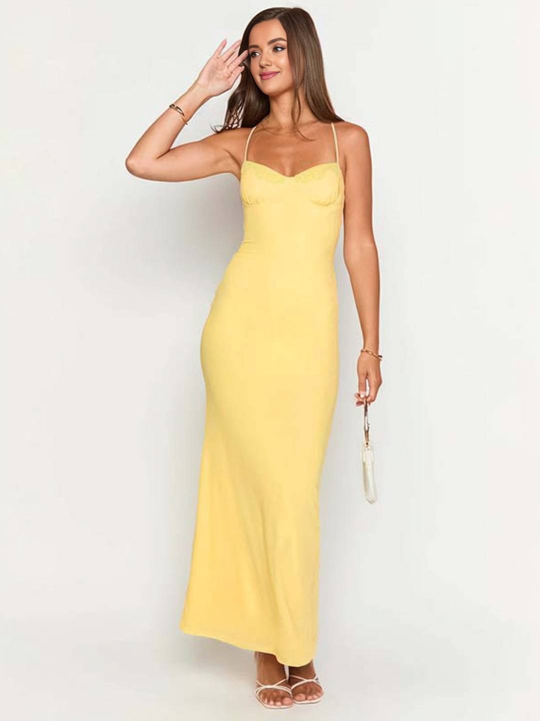 Cocolii robe longue moulante v-cou croisé dos dos nu sans manches femme casual élégant bal de promo de plage