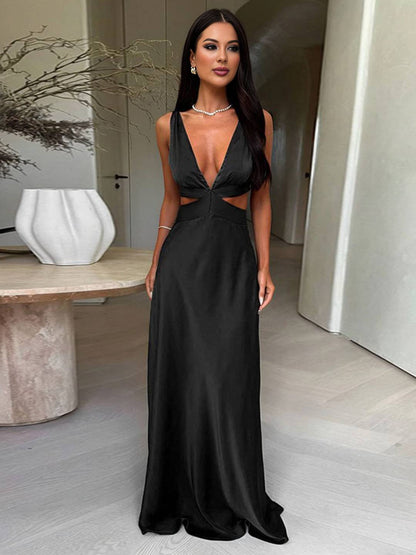 Cocolii robe longue en satin noeud papillon dos nu décolleté plongeant sans manches femme élégant invité mariage pour une soirée d'été