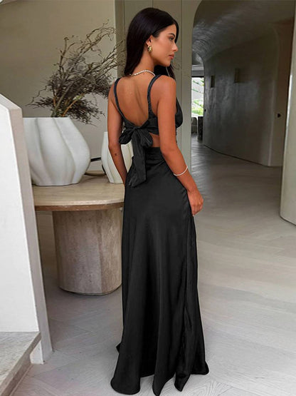 Cocolii robe longue en satin noeud papillon dos nu décolleté plongeant sans manches femme élégant invité mariage pour une soirée d'été