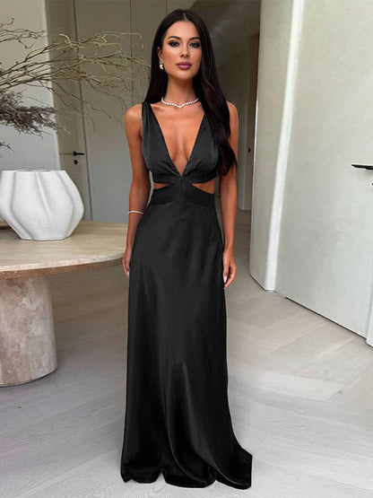 Cocolii robe longue en satin noeud papillon dos nu décolleté plongeant sans manches femme élégant invité mariage pour une soirée d'été