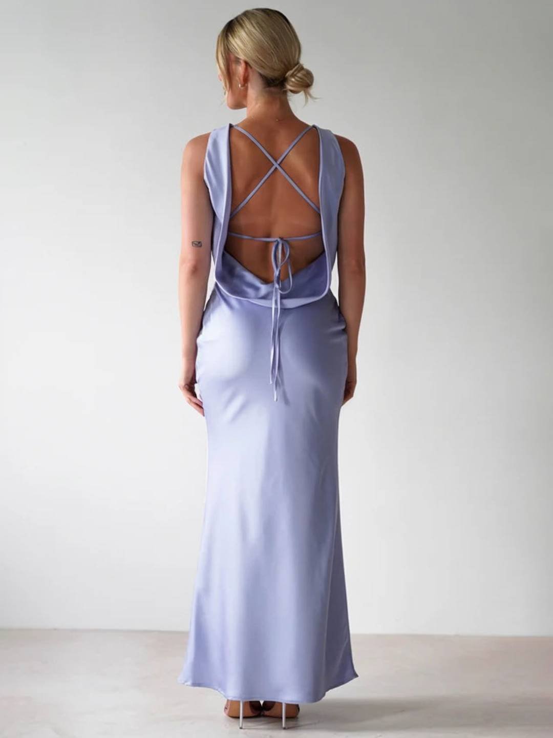 Cocolii robe longue moulante col rond croisé dos dos nu sans manches femme casual élégant bal de promo cérémonie