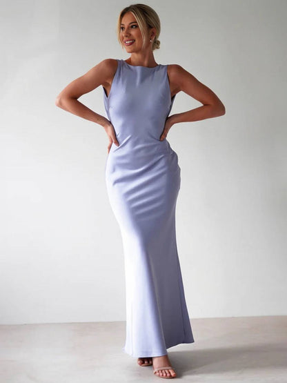 Cocolii robe longue moulante col rond croisé dos dos nu sans manches femme casual élégant bal de promo cérémonie