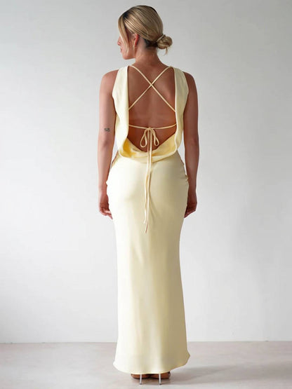 Cocolii robe longue moulante col rond croisé dos dos nu sans manches femme casual élégant bal de promo cérémonie