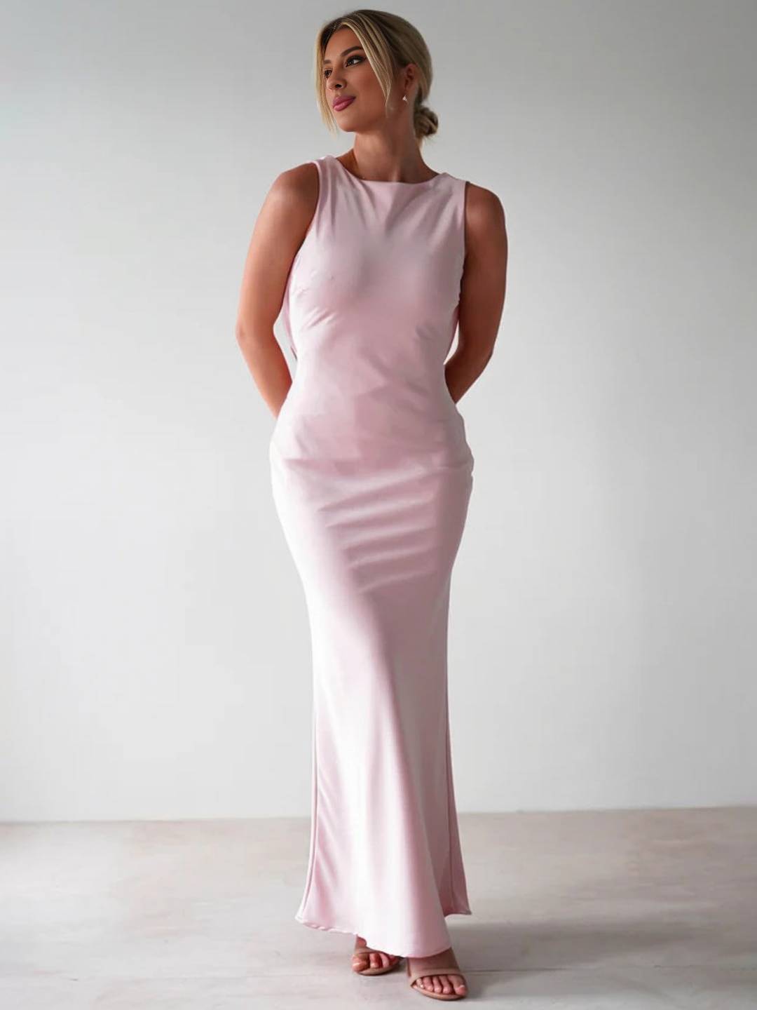 Cocolii robe longue moulante col rond croisé dos dos nu sans manches femme casual élégant bal de promo cérémonie