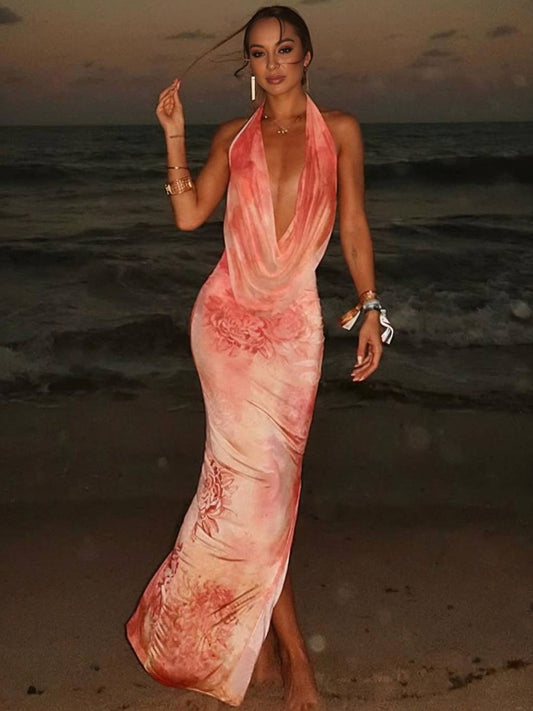 Cocolii robe longue imprimé à fleurie licou fendu le côté dos nu décolleté plongeant sans manches bohème décontracté de plage