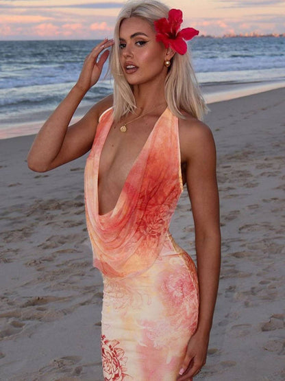 Cocolii robe longue imprimé à fleurie licou fendu le côté dos nu décolleté plongeant sans manches bohème décontracté de plage
